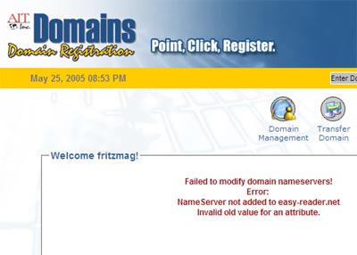 Failed to modify domain nameservers! Error: NameServer not added to easy-reader.net Invalid old value for an attribute.